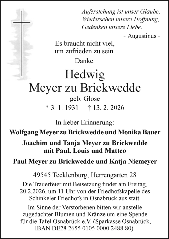 Traueranzeige von Hedwig Meyer zu Brickwedde von Neue Osnabrücker Zeitung GmbH & Co. KG