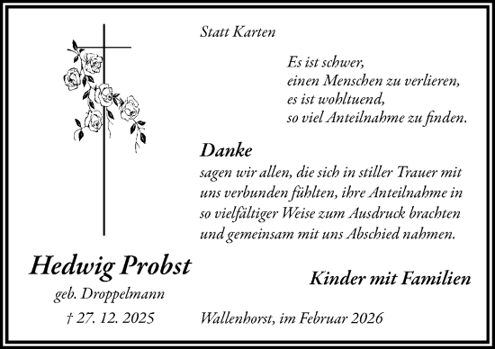 Traueranzeige von Hedwig Probst von Neue Osnabrücker Zeitung GmbH & Co. KG