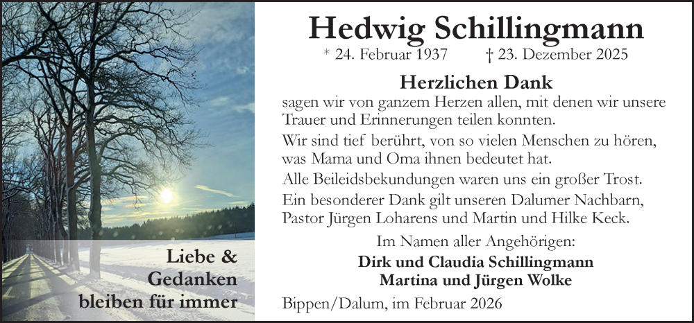  Traueranzeige für Hedwig Schillingmann vom 07.02.2026 aus Neue Osnabrücker Zeitung GmbH & Co. KG