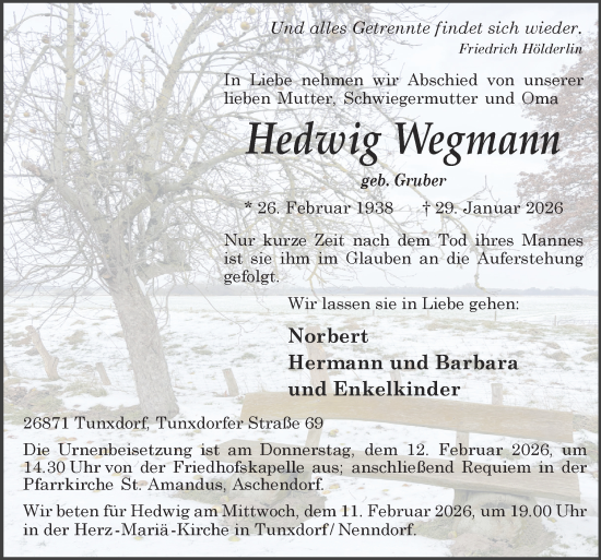 Traueranzeige von Hedwig Wegmann von Neue Osnabrücker Zeitung GmbH & Co. KG
