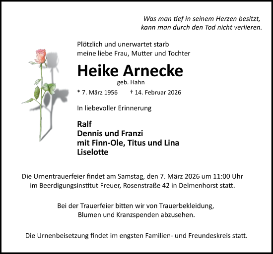 Traueranzeige von Heike Arnecke von DK Medien GmbH & Co. KG