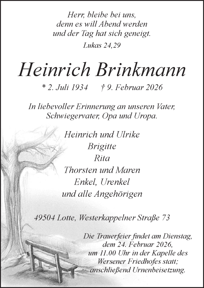  Traueranzeige für Heinrich Brinkmann vom 21.02.2026 aus Neue Osnabrücker Zeitung GmbH & Co. KG