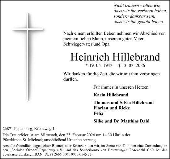 Traueranzeige von Heinrich Hillebrand von Neue Osnabrücker Zeitung GmbH & Co. KG