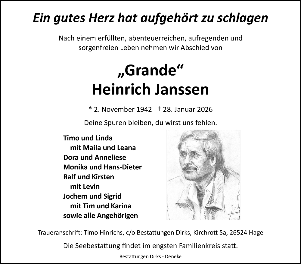  Traueranzeige für Heinrich Janssen vom 31.01.2026 aus Ostfriesischer Kurier / Norderneyer Badezeitung