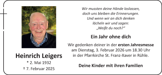 Traueranzeige von Heinrich Leigers von Neue Osnabrücker Zeitung GmbH & Co. KG