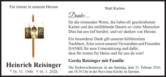 Traueranzeige von Heinrich Reisinger von Neue Osnabrücker Zeitung GmbH & Co. KG