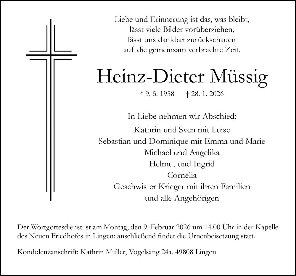 Traueranzeige für Heinz-Dieter Müssig vom 04.02.2026 aus Neue Osnabrücker Zeitung GmbH & Co. KG