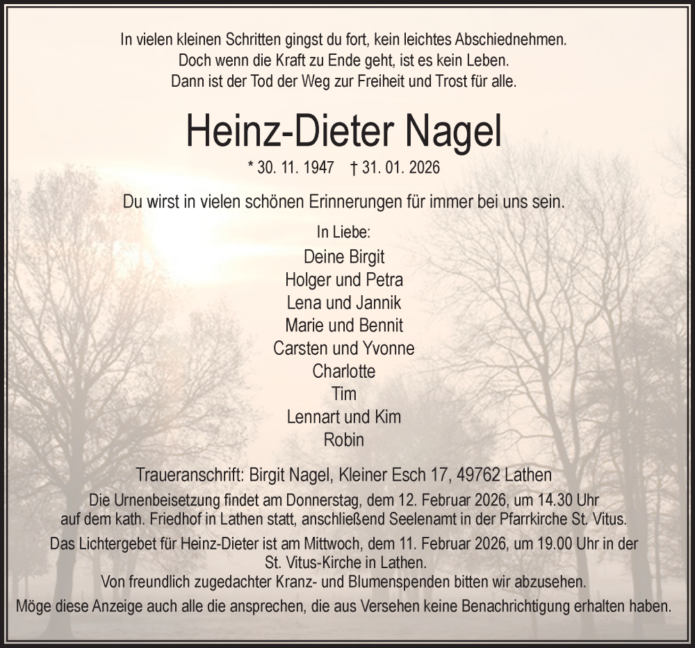  Traueranzeige für Heinz-Dieter Nagel vom 07.02.2026 aus Neue Osnabrücker Zeitung GmbH & Co. KG