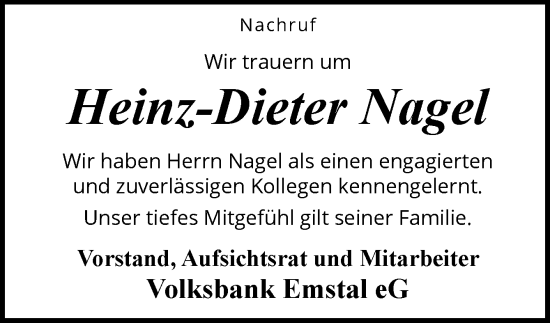 Traueranzeige von Heinz-Dieter Nagel von Neue Osnabrücker Zeitung GmbH & Co. KG