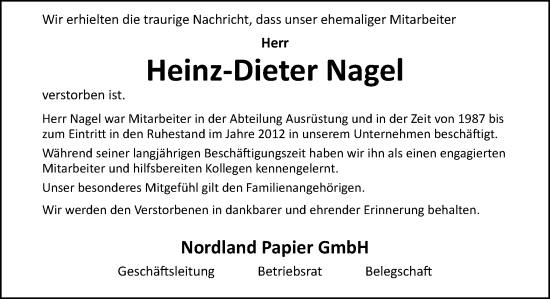 Traueranzeige von Heinz-Dieter Nagel von Neue Osnabrücker Zeitung GmbH & Co. KG
