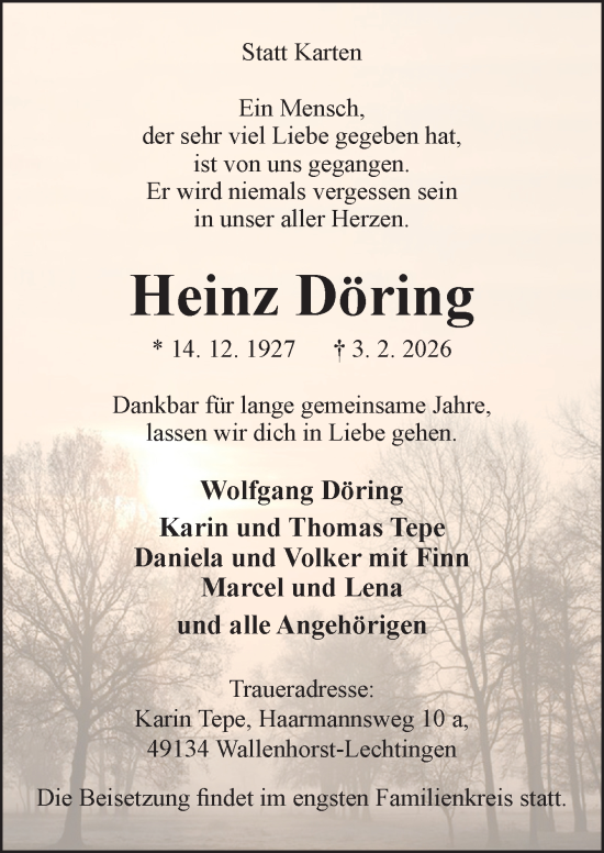 Traueranzeige von Heinz Döring von Neue Osnabrücker Zeitung GmbH & Co. KG