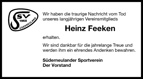 Traueranzeige von Heinz Feeken von Ostfriesischer Kurier / Norderneyer Badezeitung