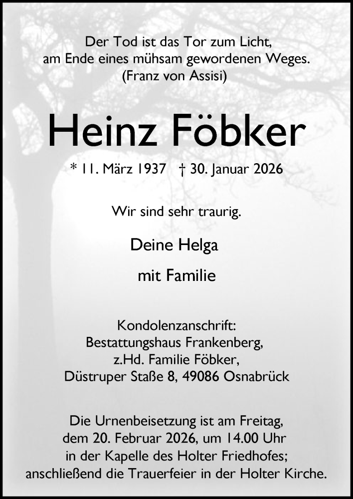  Traueranzeige für Heinz Föbker vom 07.02.2026 aus Neue Osnabrücker Zeitung GmbH & Co. KG