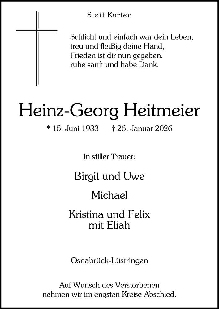  Traueranzeige für Heinz-Georg Heitmeier vom 07.02.2026 aus Neue Osnabrücker Zeitung GmbH & Co. KG