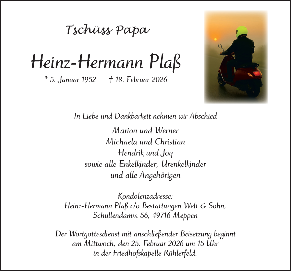 Traueranzeige für Heinz-Hermann Plaß vom 21.02.2026 aus Neue Osnabrücker Zeitung GmbH & Co. KG