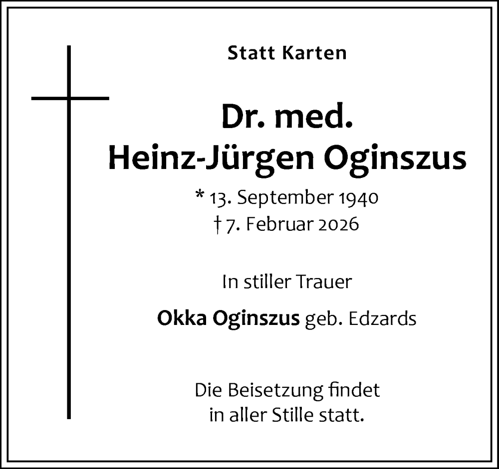 Traueranzeige für Heinz-Jürgen Oginszus vom 11.02.2026 aus Neue Osnabrücker Zeitung GmbH & Co. KG