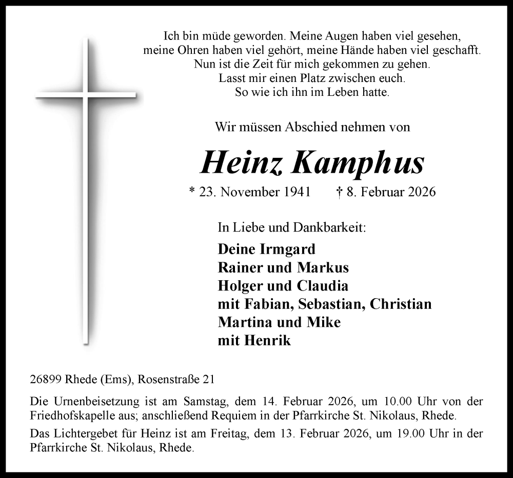  Traueranzeige für Heinz Kamphus vom 11.02.2026 aus Neue Osnabrücker Zeitung GmbH & Co. KG