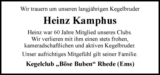 Traueranzeige von Heinz Kamphus von Neue Osnabrücker Zeitung GmbH & Co. KG