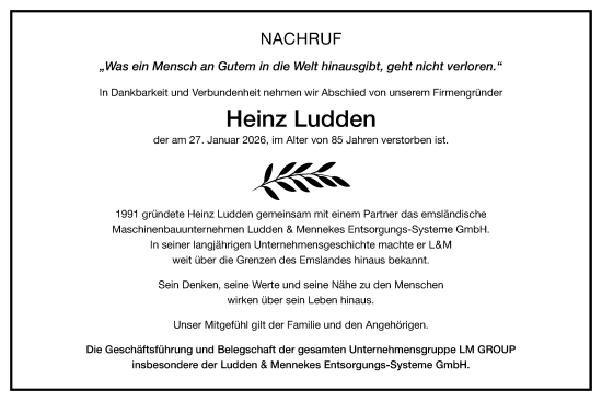 Traueranzeige von Heinz Ludden von Neue Osnabrücker Zeitung GmbH & Co. KG