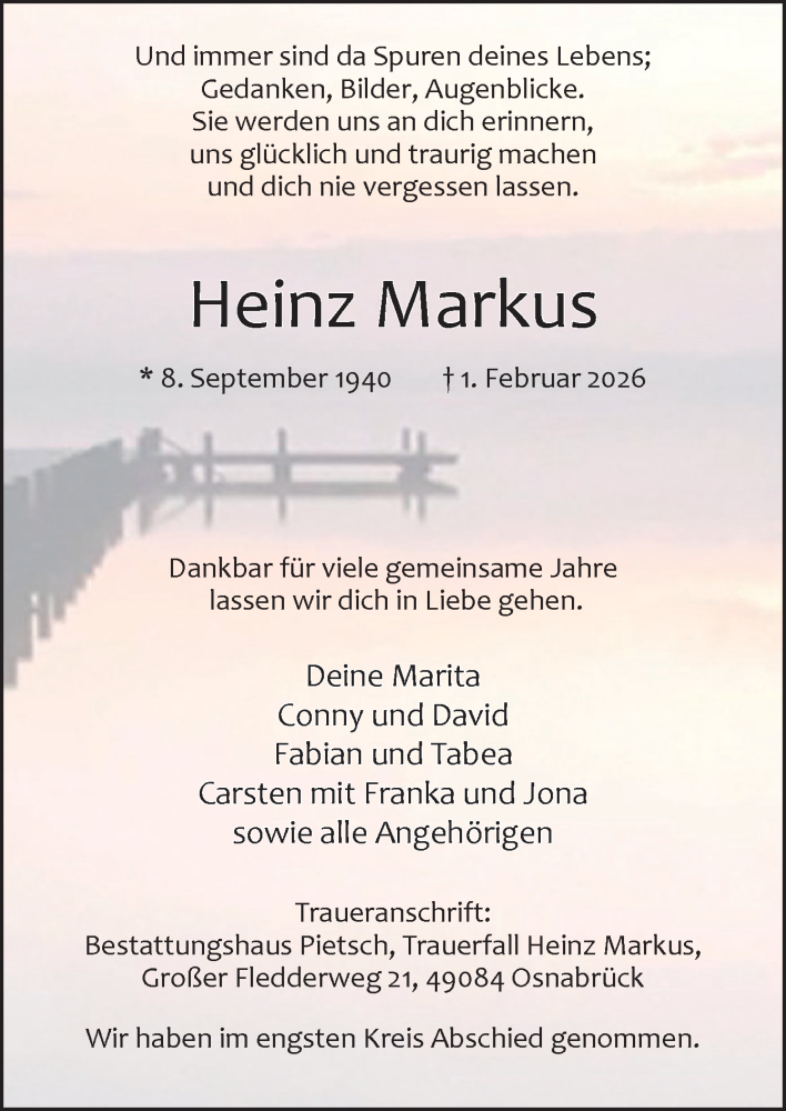  Traueranzeige für Heinz Markus vom 21.02.2026 aus Neue Osnabrücker Zeitung GmbH & Co. KG