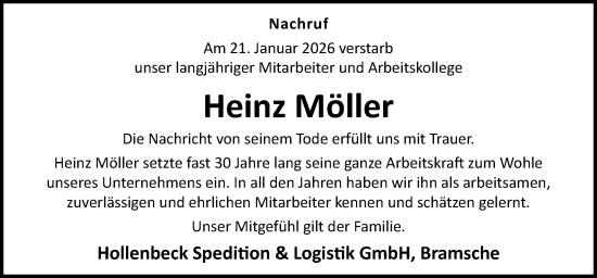 Traueranzeige von Heinz Möller von Neue Osnabrücker Zeitung GmbH & Co. KG