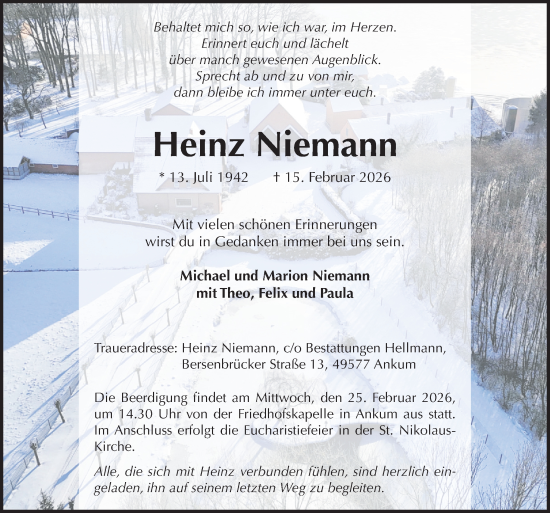 Traueranzeige von Heinz Niemann von Neue Osnabrücker Zeitung GmbH & Co. KG