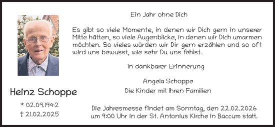 Traueranzeige von Heinz Schoppe von Neue Osnabrücker Zeitung GmbH & Co. KG
