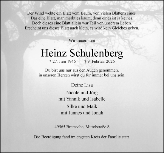 Traueranzeige von Heinz Schulenberg von Neue Osnabrücker Zeitung GmbH & Co. KG