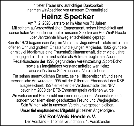 Traueranzeige von Heinz Specker von Neue Osnabrücker Zeitung GmbH & Co. KG