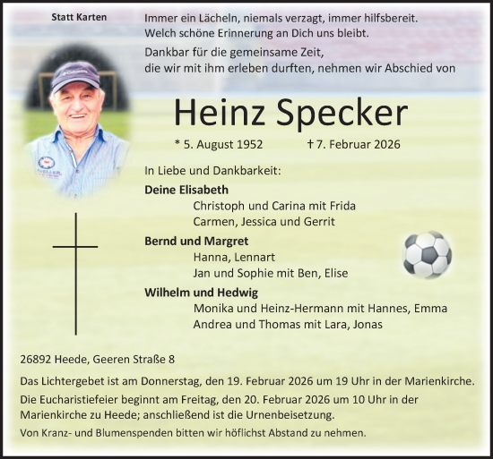 Traueranzeige von Heinz Specker von Neue Osnabrücker Zeitung GmbH & Co. KG