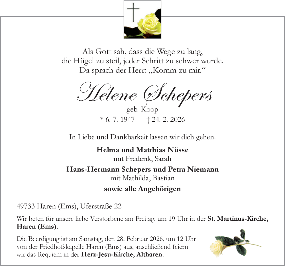  Traueranzeige für Helene Schepers vom 26.02.2026 aus Neue Osnabrücker Zeitung GmbH & Co. KG
