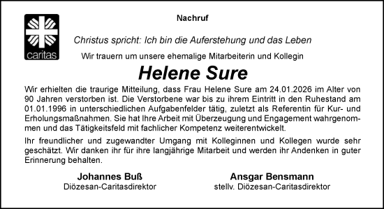 Traueranzeige von Helene Sure von Neue Osnabrücker Zeitung GmbH & Co. KG