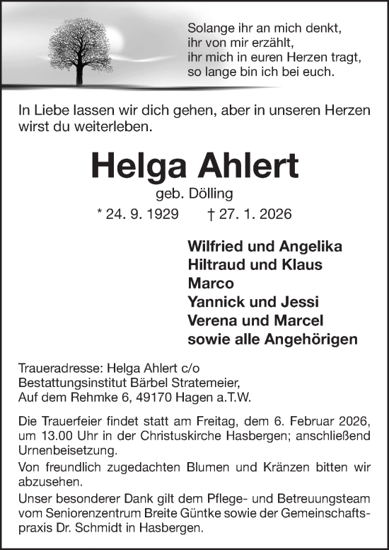 Traueranzeige von Helga Ahlert von Neue Osnabrücker Zeitung GmbH & Co. KG