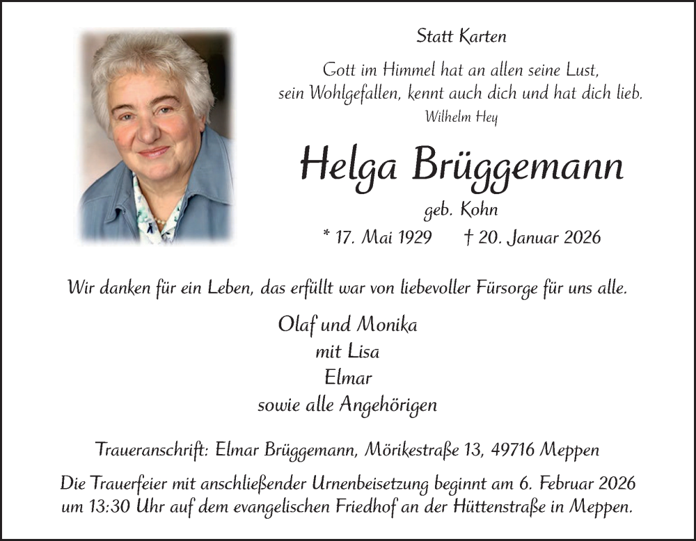  Traueranzeige für Helga Brüggemann vom 31.01.2026 aus Neue Osnabrücker Zeitung GmbH & Co. KG