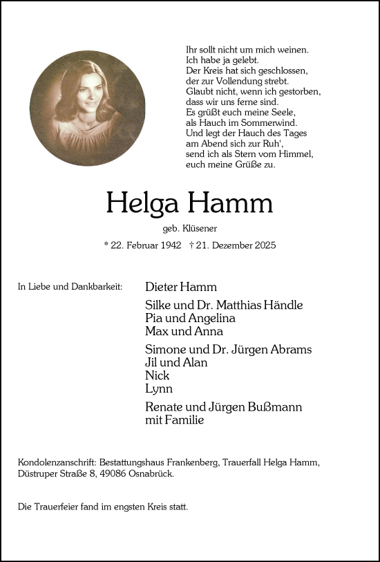 Traueranzeige von Helga Hamm von Neue Osnabrücker Zeitung GmbH & Co. KG