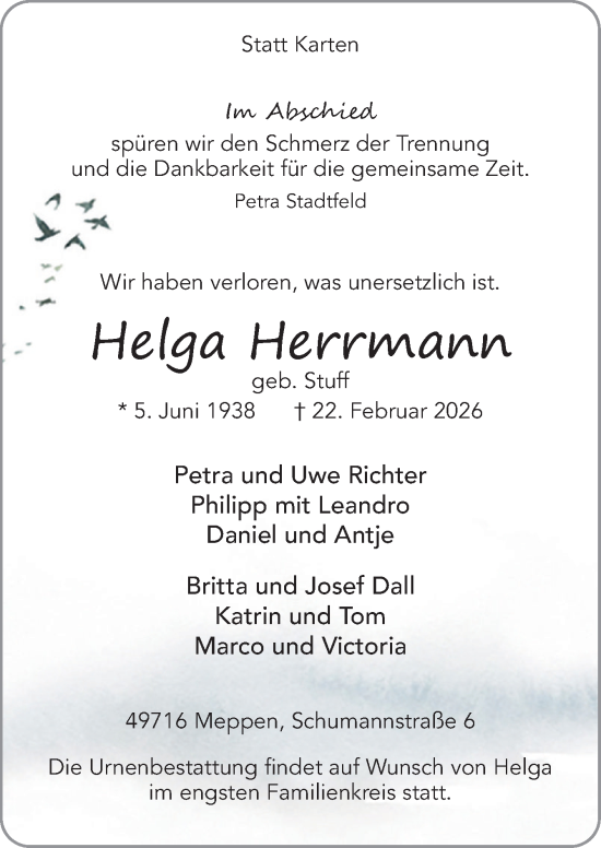 Traueranzeige von Helga Herrmann von Neue Osnabrücker Zeitung GmbH & Co. KG