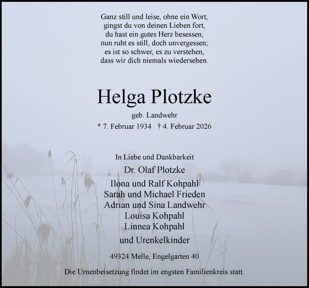  Traueranzeige für Helga Plotzke vom 14.02.2026 aus Neue Osnabrücker Zeitung GmbH & Co. KG