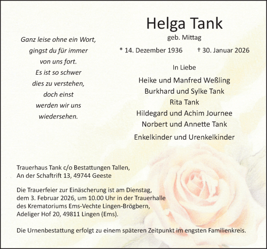 Traueranzeige von Helga Tank von Neue Osnabrücker Zeitung GmbH &amp; Co. KG