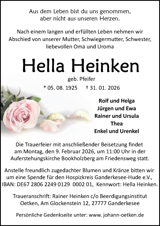 Traueranzeige von Hella Heinken von DK Medien GmbH & Co. KG
