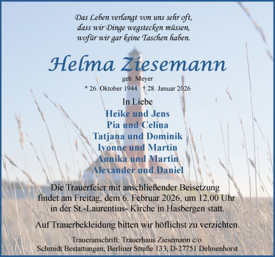 Traueranzeige von Helma Ziesemann von DK Medien GmbH & Co. KG