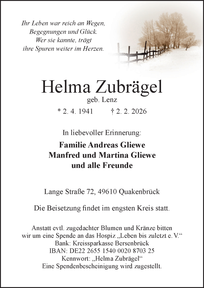  Traueranzeige für Helma Zubrägel vom 07.02.2026 aus Neue Osnabrücker Zeitung GmbH & Co. KG