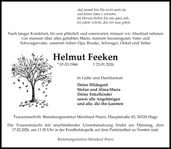 Traueranzeige von Helmut Feeken von Ostfriesischer Kurier / Norderneyer Badezeitung