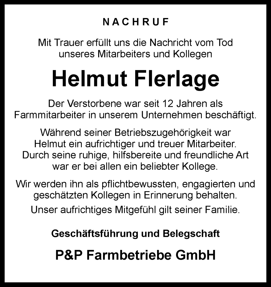  Traueranzeige für Helmut Flerlage vom 07.02.2026 aus Neue Osnabrücker Zeitung GmbH & Co. KG