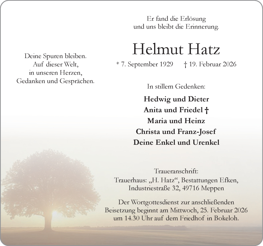  Traueranzeige für Helmut Hatz vom 23.02.2026 aus Neue Osnabrücker Zeitung GmbH & Co. KG