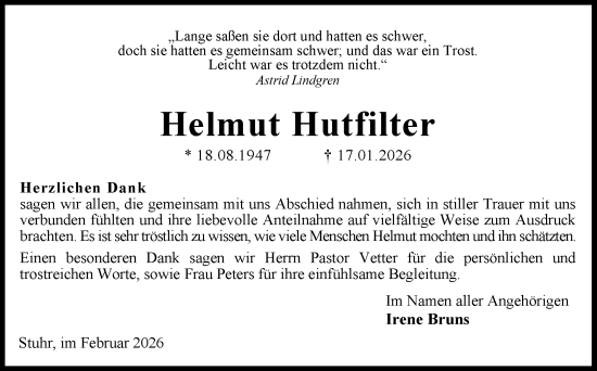 Traueranzeige von Helmut Hutfilter von DK Medien GmbH & Co. KG