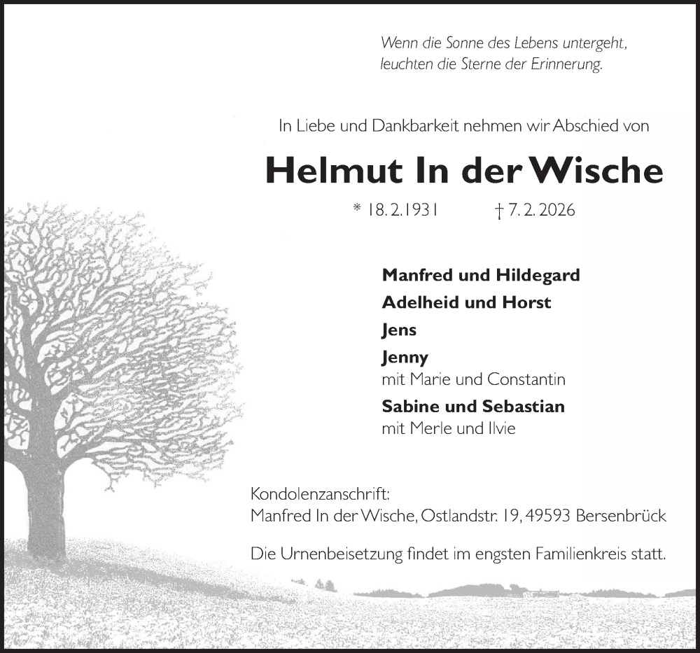  Traueranzeige für Helmut In der Wische vom 14.02.2026 aus Neue Osnabrücker Zeitung GmbH & Co. KG
