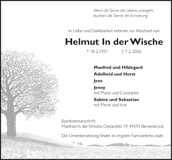 Traueranzeige von Helmut In der Wische von Neue Osnabrücker Zeitung GmbH & Co. KG