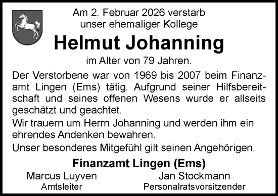 Traueranzeige von Helmut Johanning von Neue Osnabrücker Zeitung GmbH & Co. KG