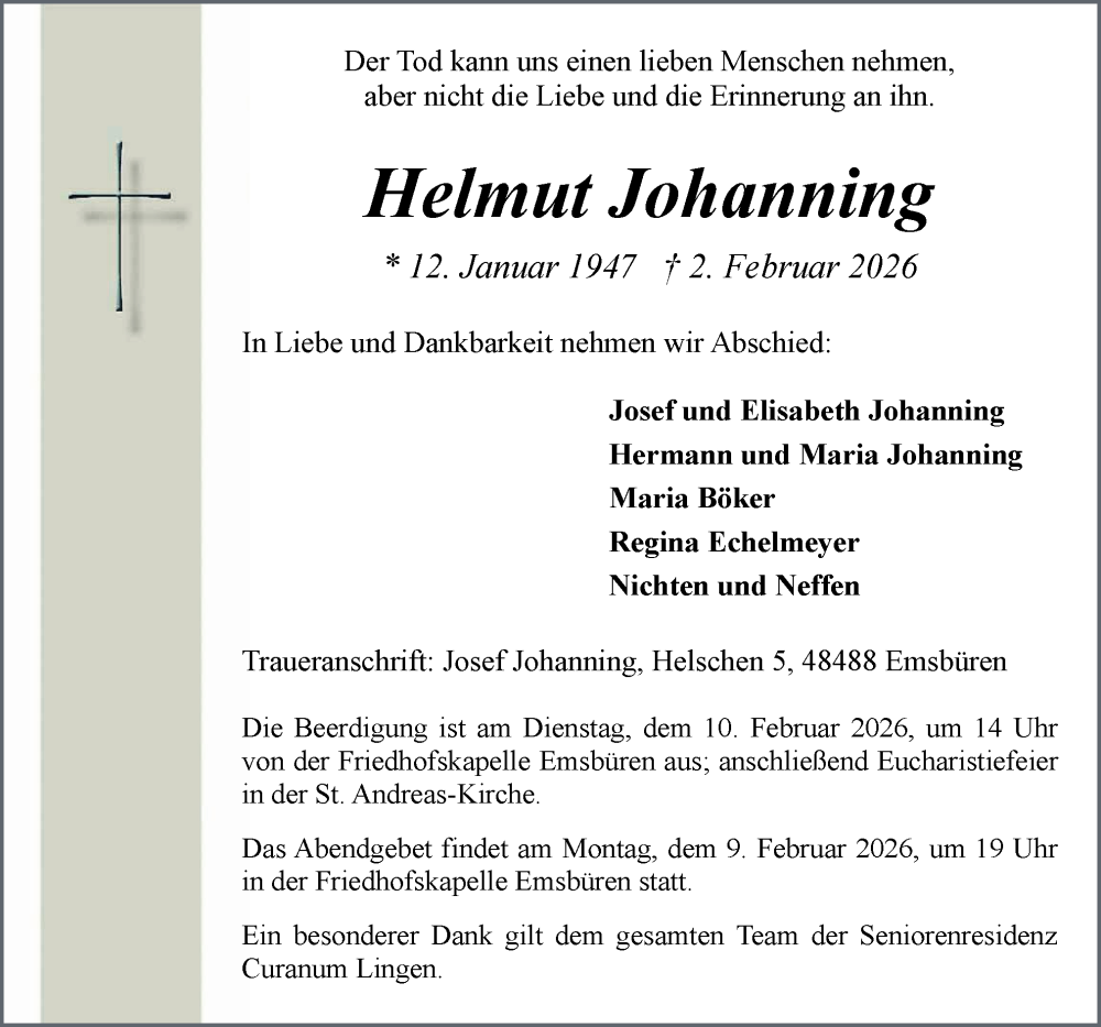  Traueranzeige für Helmut Johanning vom 06.02.2026 aus Neue Osnabrücker Zeitung GmbH & Co. KG