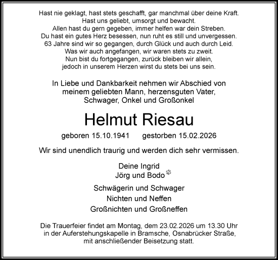 Traueranzeige von Helmut Riesau von Neue Osnabrücker Zeitung GmbH & Co. KG
